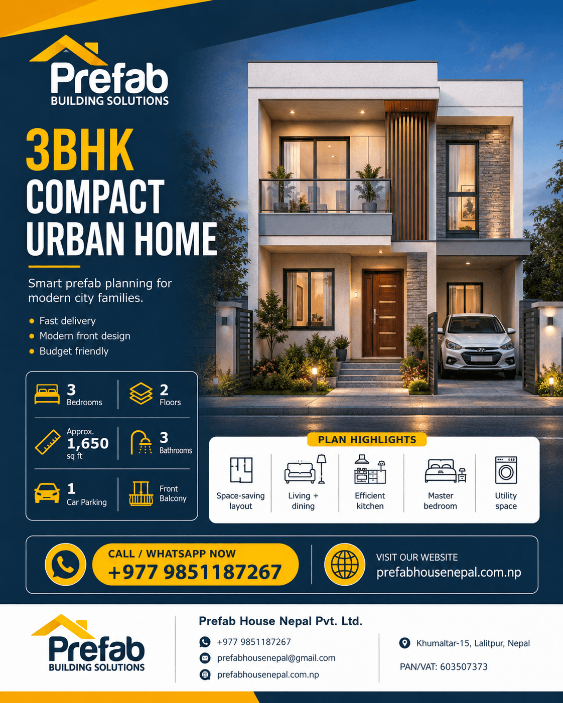 3BHK Compact Urban Home house model reference by Prefab House Nepal