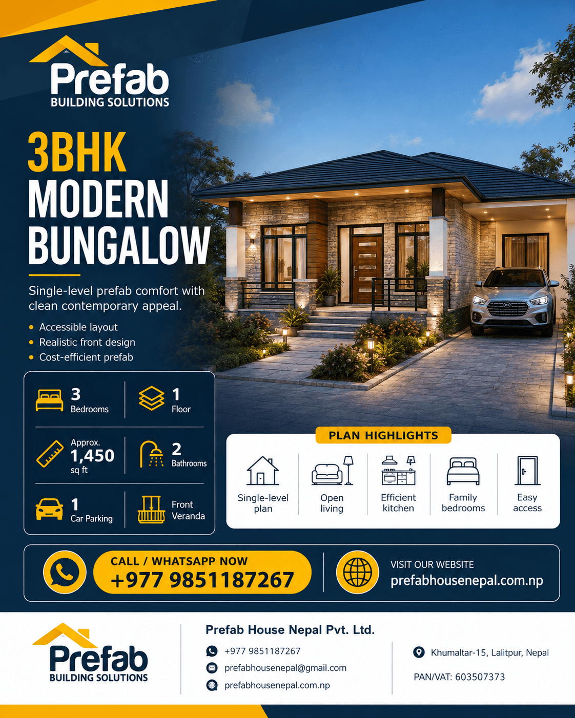 3BHK Modern Bungalow house model reference by Prefab House Nepal