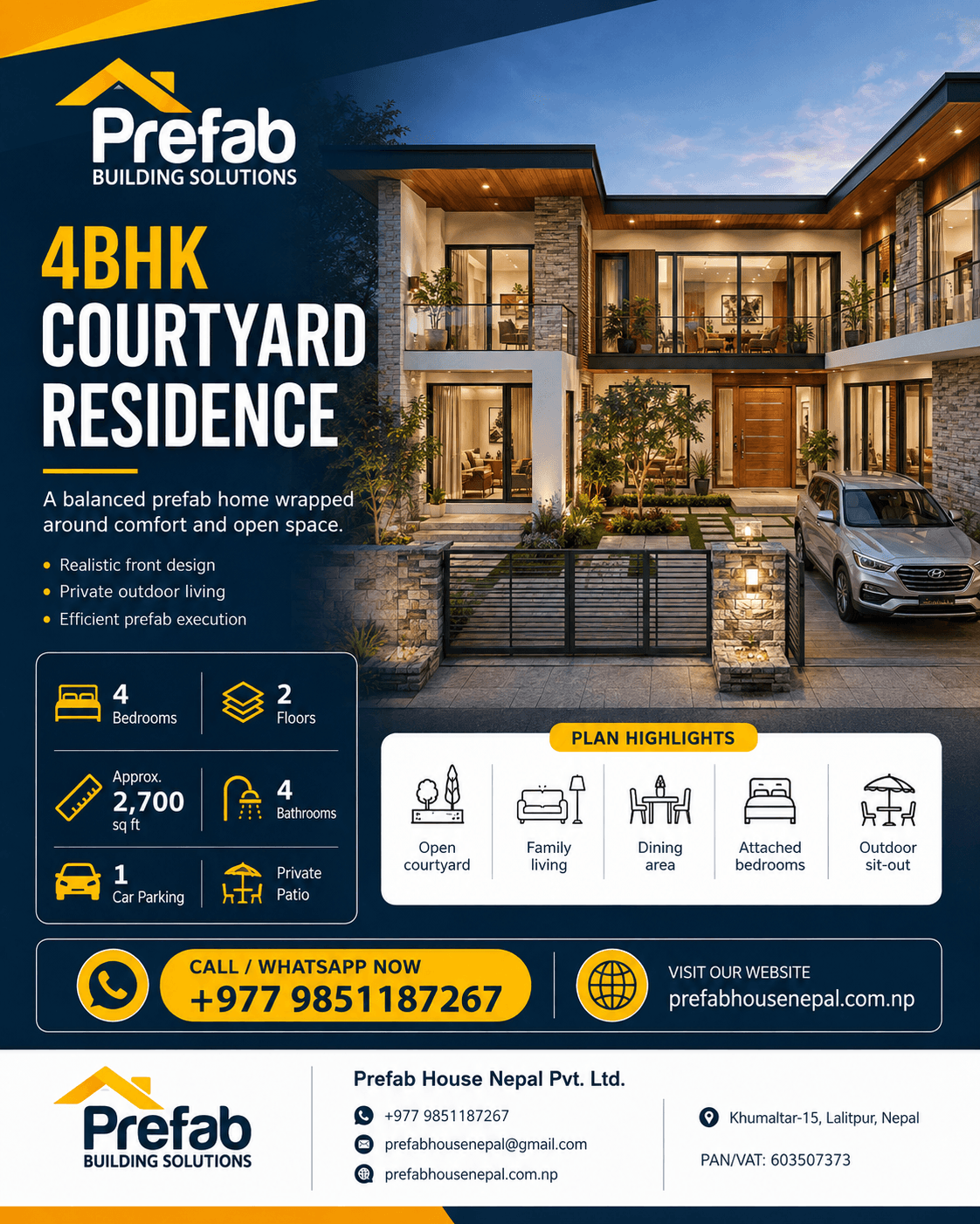 4BHK Courtyard Residence house model reference by Prefab House Nepal