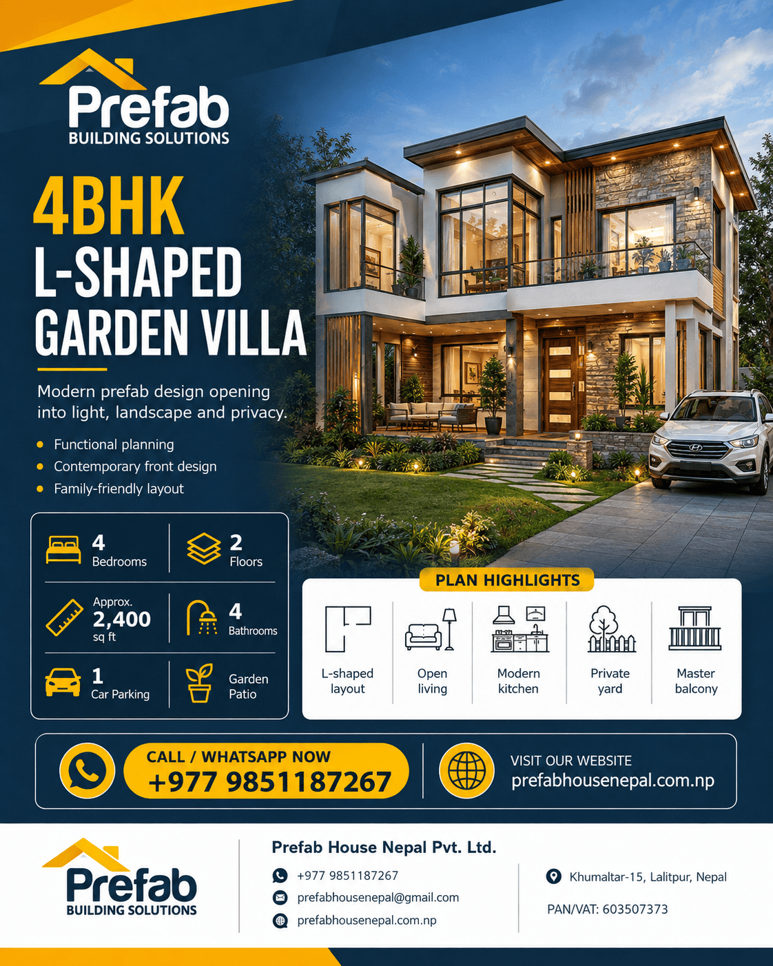 4BHK L-Shaped Garden Villa house model reference by Prefab House Nepal